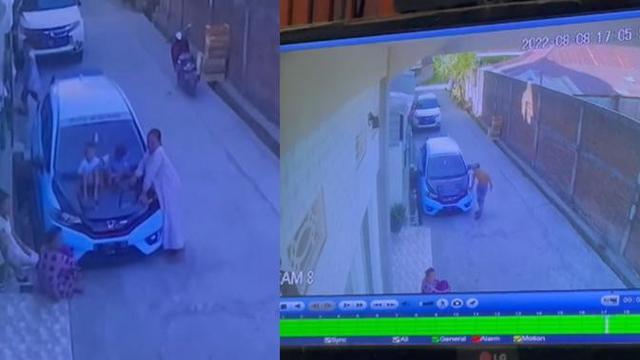 Anak tetangga duduk di kap mesin mobil (TikTok/@ikmalrifky)