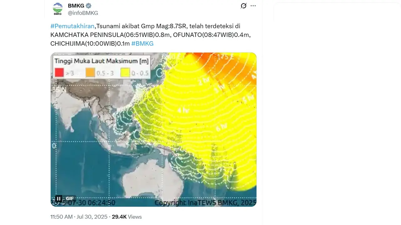 BMKG menyampaikan pemutakhiran tsunami terkini setelah gempa berkekuatan magnitudo 8,7 mengguncang pesisir timur Kamchatka, Rusia, Rabu (30/7/2025).