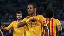 Pemain Barcelona Neymar merayakan golnya ke gawang Getafe dalam lanjutan La Liga Spanyol di Stadion Coliseum Alfonso Perez,  Getafe, Madrid, Sabttu (31/10/2015) Barcelona menang 2-0.  (REUTERS/Andrea Comas)