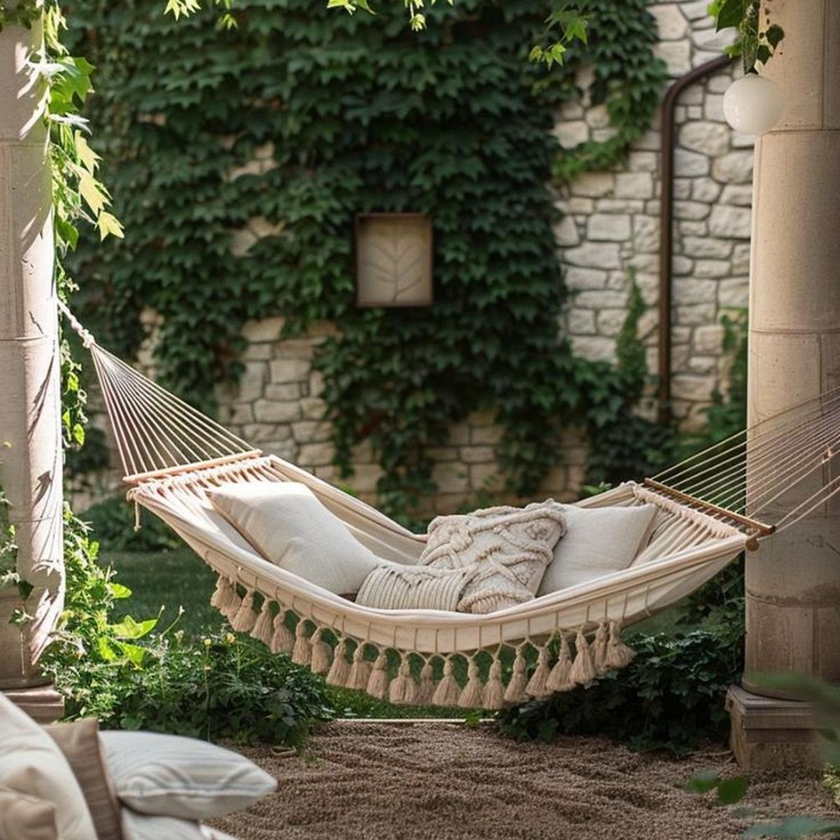 Ilustrasi Taman Depan Rumah Minimalis Lahan Sempit dengan Hammock untuk Bersantai (©Pinterest)