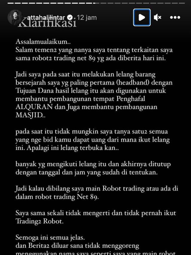 Klarifikasi Atta Halilintar. (Foto: Dok. Instagram @attahalilintar)