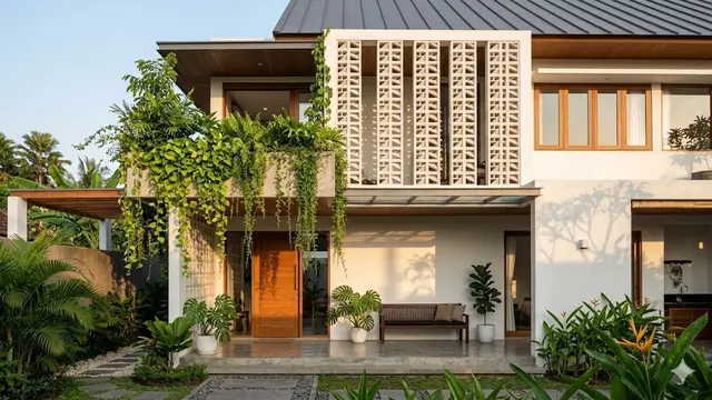 Desain Fasad Rumah dengan Roster dan Tanaman Gantung