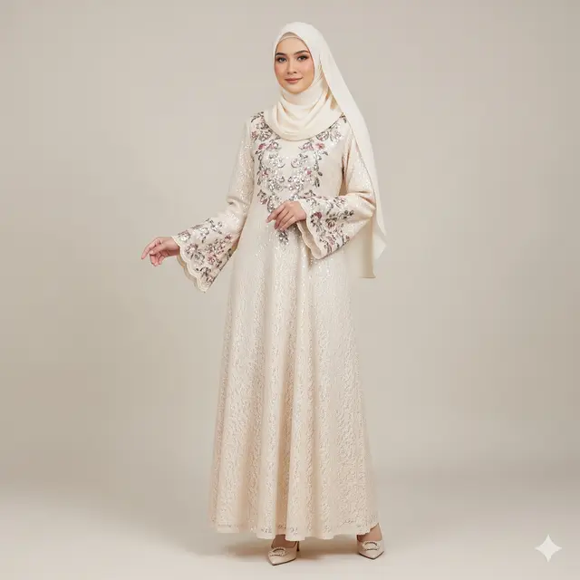 Gamis Pesta Kombinasi Brokat Full Payet. (via Gemini)