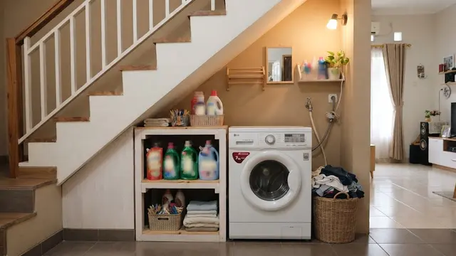 Inspirasi laundry kecil di rumah tanpa banyak renovasi sehingga jadi ruang cuci anti sempit di area bawah tangga