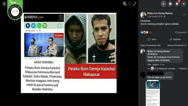Gambar Tangkapan Layar Kabar Hoaks Pelaku Bom Gereja Katederal Makassar Eks Anggota Intel (sumber: Facebook)