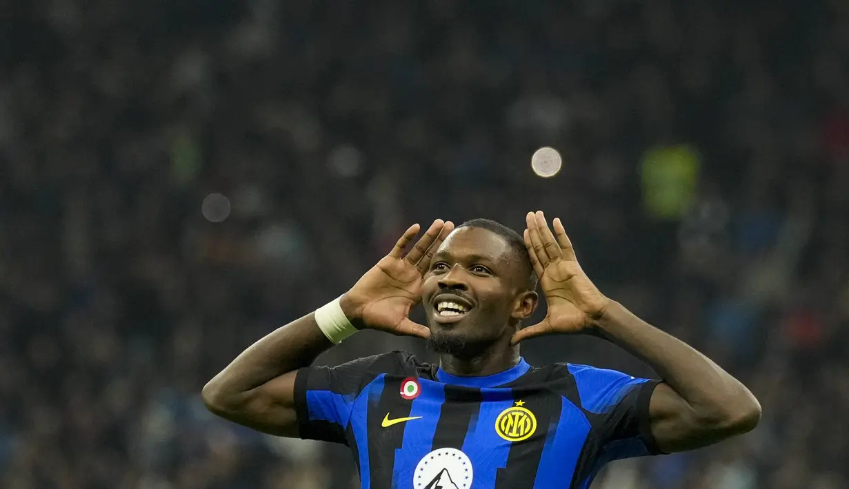 Marcus Thuram muncul menjadi pahlawan Nerazzurri lewat gol yang ia cetak. (AP Photo/Antonio Calanni)