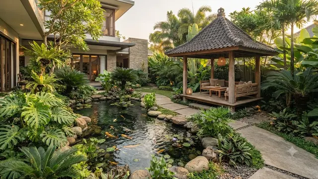 Desain Sudut Rumah yang Menggabungkan Kolam Ikan, Taman, dan Gazebo Kecil