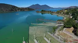 Foto udara menunjukkan mekarnya cyanobacteria atau disebut ganggang biru-hijau di Clear Lake di Redbud Park, California (26/9/2021). Hampir 300 warga yang tinggal di sekitar Clear Lake menggunakan air danau tersebut untuk memenuhi kebutuhan sehari-hari. (Justin Sullivan/Getty Images/AFP)