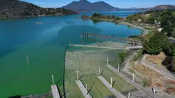 Foto udara menunjukkan mekarnya cyanobacteria atau disebut ganggang biru-hijau di Clear Lake di Redbud Park, California (26/9/2021). Hampir 300 warga yang tinggal di sekitar Clear Lake menggunakan air danau tersebut untuk memenuhi kebutuhan sehari-hari. (Justin Sullivan/Getty Images/AFP)