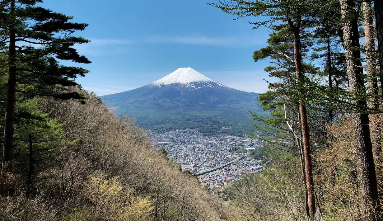 Gunung Fuji terlihat dari pinggiran kota Fujiyoshida, prefektur Yamanashi, Jepang, pada Kamis (22/4/021). Pada tahun 2014, Gunung Fuji terpilih sebagai UNESCO World Culture Heritage Site (Situs Warisan Budaya Dunia). (Behrouz MEHRI / AFP)