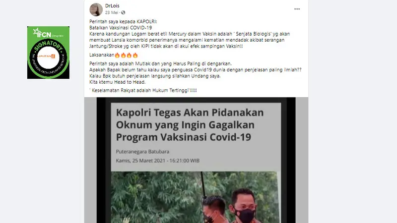 Cek Fakta Liputan6.com menelusuri klaim vaksin Covid-19 mengandung logam berat etil merkuri senjata biologis yang mematikan lansia komorbid