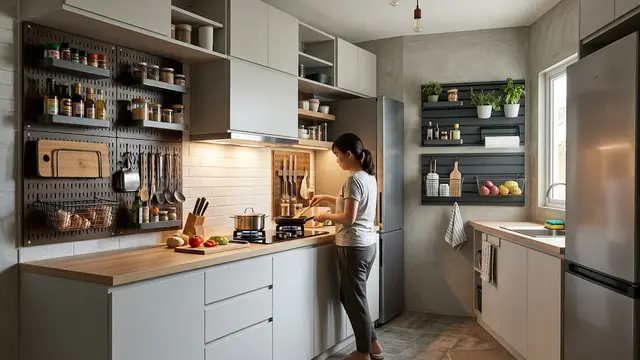 Model Dapur Kecil dengan Penyimpanan Vertikal agar Leluasa saat Masak/AI Generated