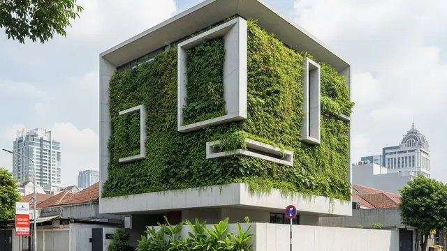 Model Rumah Kubus Minimalis dengan Dinding Vertikal Fasad Penuh