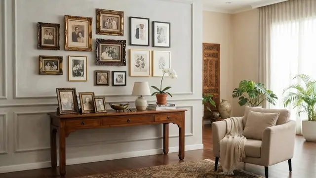 Ide dekorasi rumah menggunakan perabot antik model memadukan bingkai foto antik dengan dekorasi modern, yang bikin interior jadi terasa mewah dan elegan