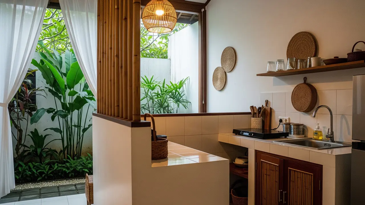 Model Dapur Kecil dengan Tanaman Hijau di Belakang dan Sekat Minimalis