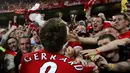 Steven Gerrard akan melakoni laga terakhirnya bersama Liverpool kala menjamu Crystal Palace dalam lanjutan Liga Premier Inggris di Stadion Anfield. Sabtu (16/5). (AFP PHOTO/TARIK TINAZAY)