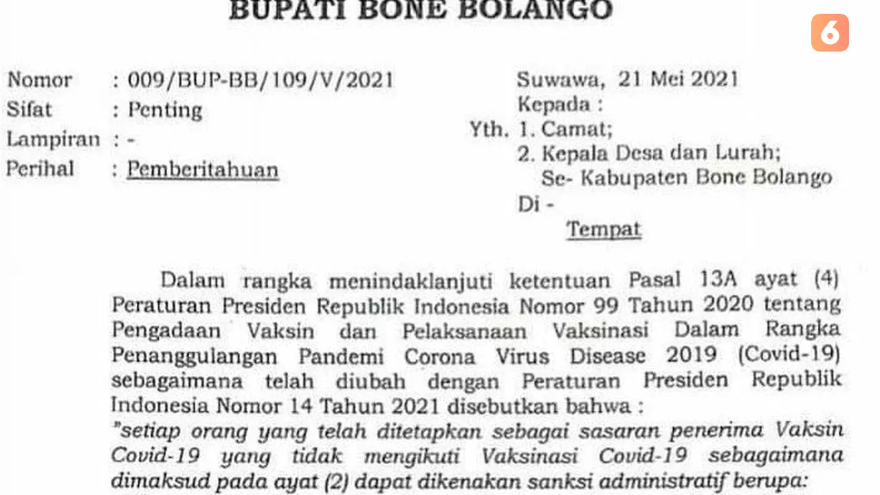 Kutipan surat edaran Bupati Bone Bolango (Arfandi Ibrahim/Liputan6.com)