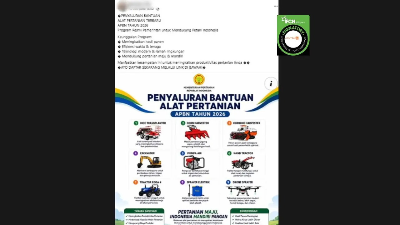 Cek Fakta Liputan6.com mendapati klaim link pendaftaran untuk mendapatkan bantuan alat pertanian 2026 dari Kementan.