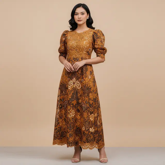 9 Model Dress Batik Brokat Lengan Puff 2025, Jadi Pilihan Busana Elegan