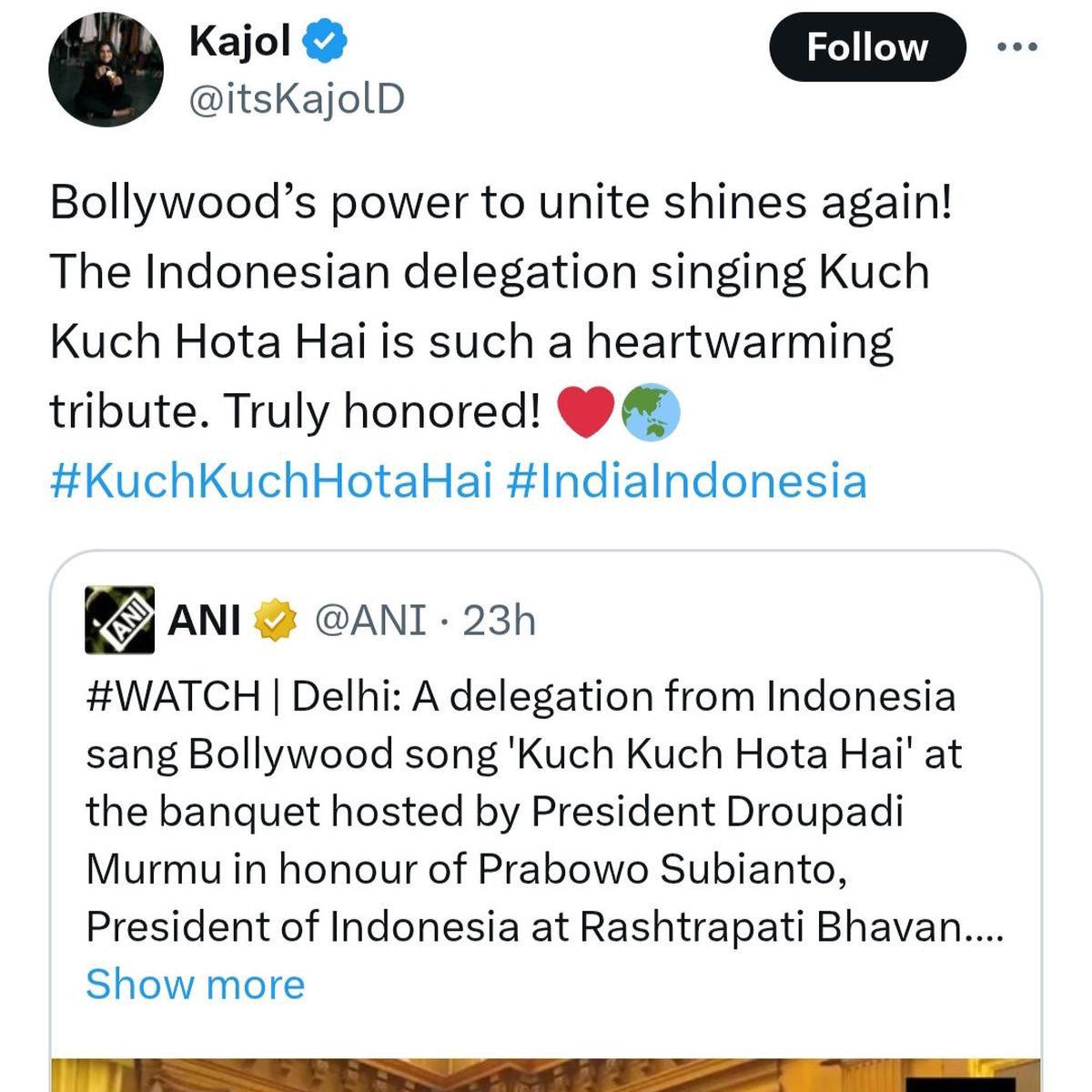 Kajol Bollywood Tersanjung Menteri 'Anak Ideologis' Prabowo & Mayor Teddy Nyanyi 'Kuch Kuch Hota Hai'