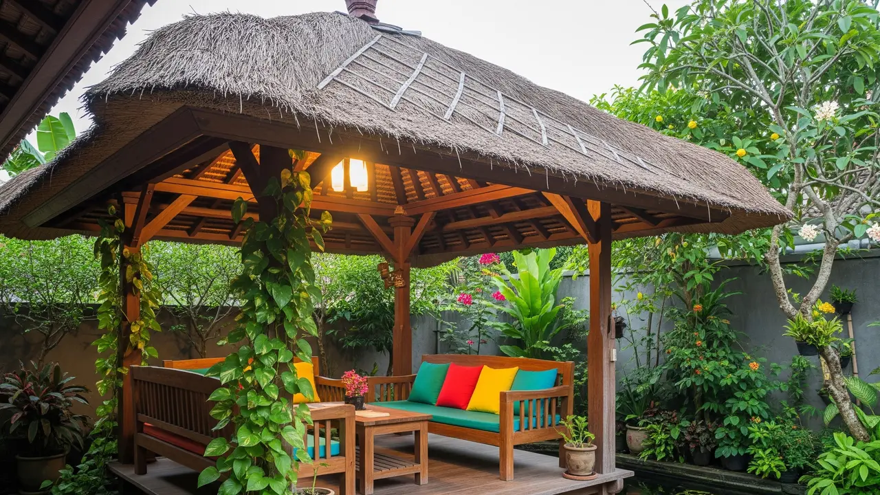 Inspirasi Desain Halaman Belakang Rumah dengan Gazebo Kayu Sederhana