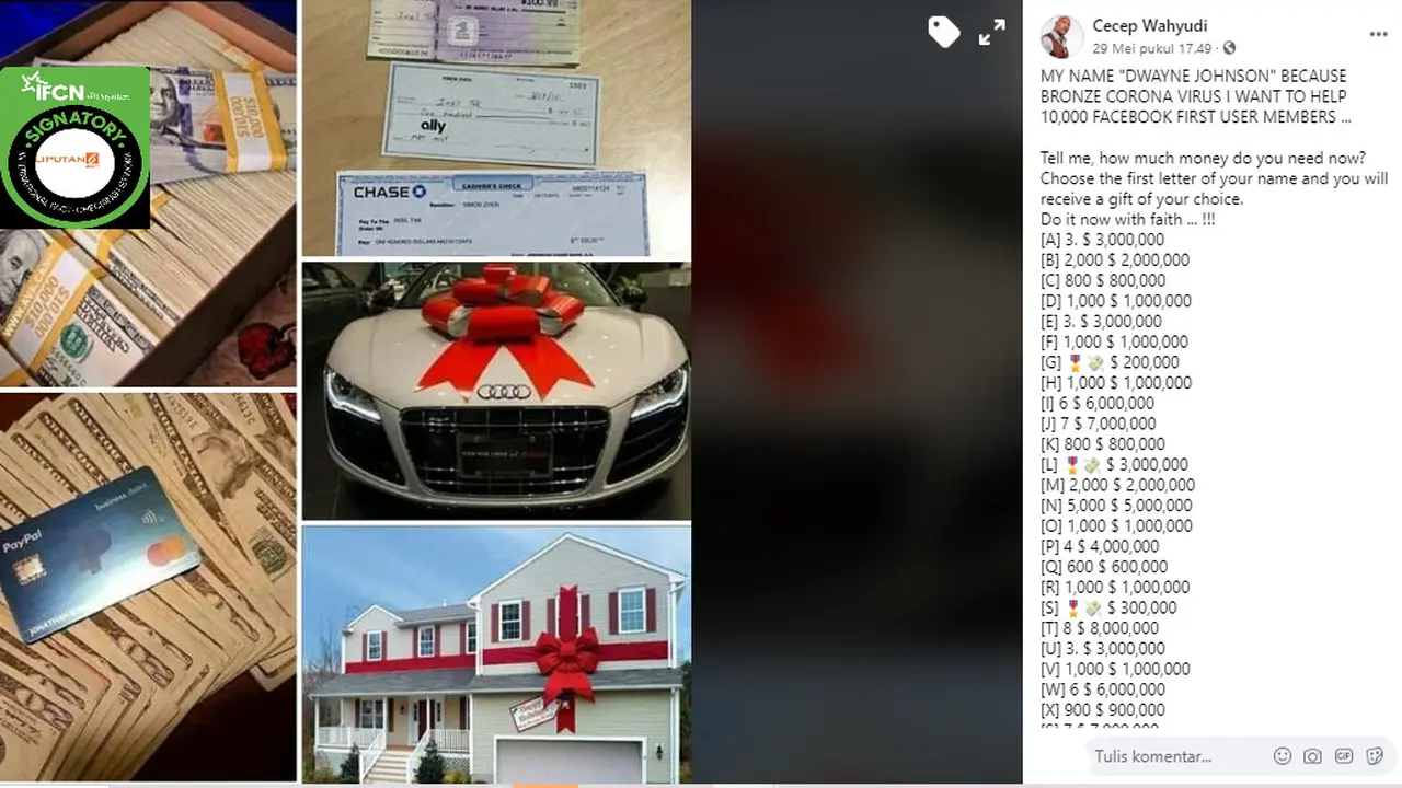 Penelusuran The Rock Beri Uang Untuk Pengguna Facebook di Tengah Wabah Covid-19