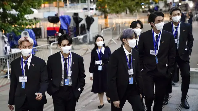 BTS di Sidang Umum PBB 2021. (AP Photo/John Minchillo, Pool)