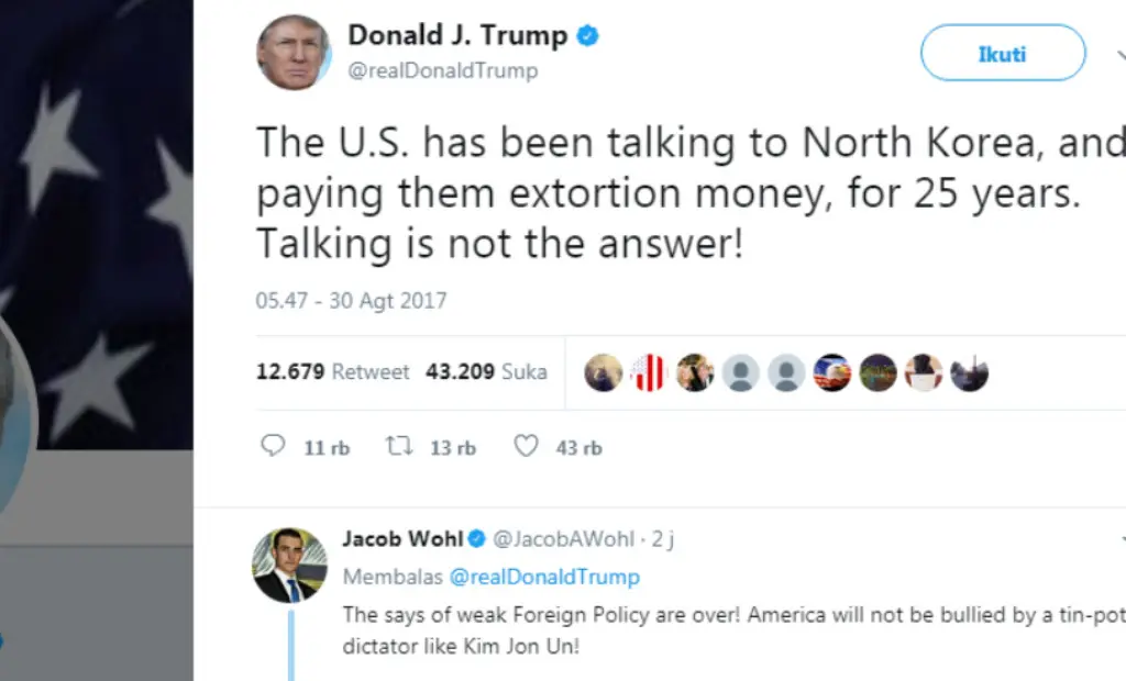 Donald Trump merespons peluncuran rudal Korea Utara lewat akun Twitternya  pada Rabu 30 Agustus 2017 (@realDonaldTrump)