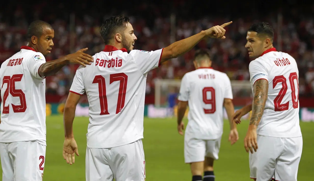 Sevilla FC berada satu peringkat dibawah Real Madird dengan raihan tujuh poin hingga pekan ke-3 La Liga Spnayol 2016-2017. (EPA/Jose Manuel Vidal)