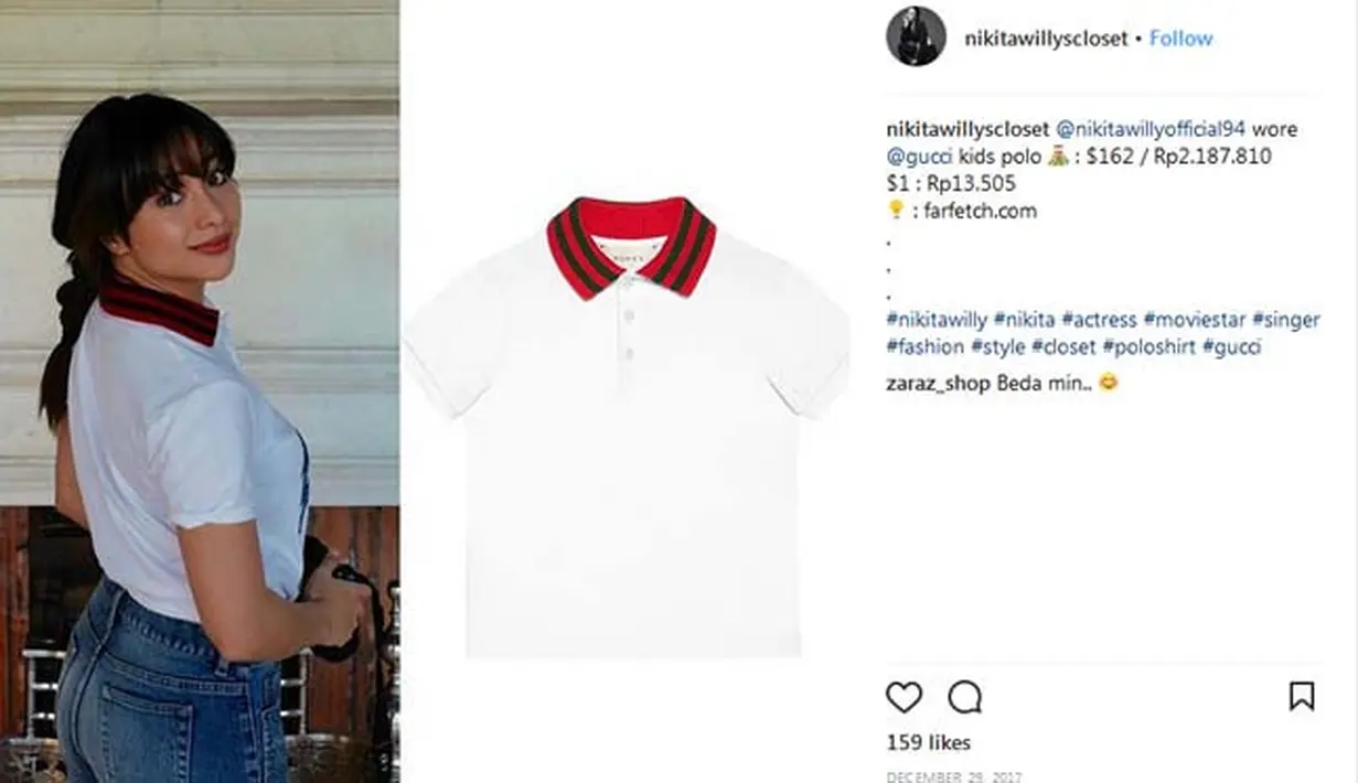 Selanjutnya, Nikita Willy memakai kaus berkerah yang bermerek Gucci juga. Dan untuk memilikinya, Niki pun harus mengeluarkan uang sebesar Rp. 2.187. 810. (Instagram/nikitawillycloset)