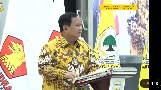 Ketua Umum Partai Gerindra Prabowo Subianto saat menjadi pembicara kuliah umum di Markas Golkar Kamis (31/8/2023).