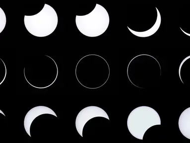 Kombinasi foto menunjukkan sebuah proses gerhana matahari annular yang dilihat dari di Estancia El Muster, Argentina (26/2). Dalam fenomena alam ini, matahari tertutup oleh bulan sehingga membentuk lingkaran cahaya atau cincin api. (AFP/Alejandro Pagni)