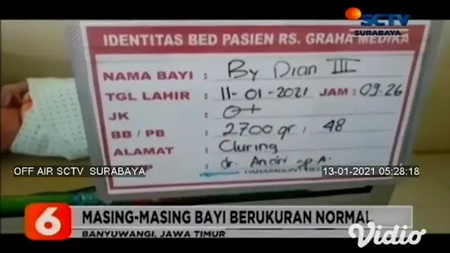 Seorang ibu di Banyuwangi, Jawa Timur, melahirkan bayi kembar tiga dengan jenis kelamin perempuan. Meski lahir secara proses sesar, kelahiran ketiga bayi kembar tersebut sempat membuat khawatir tim medis, dan keluarga lantaran posisi bayi sungsang.