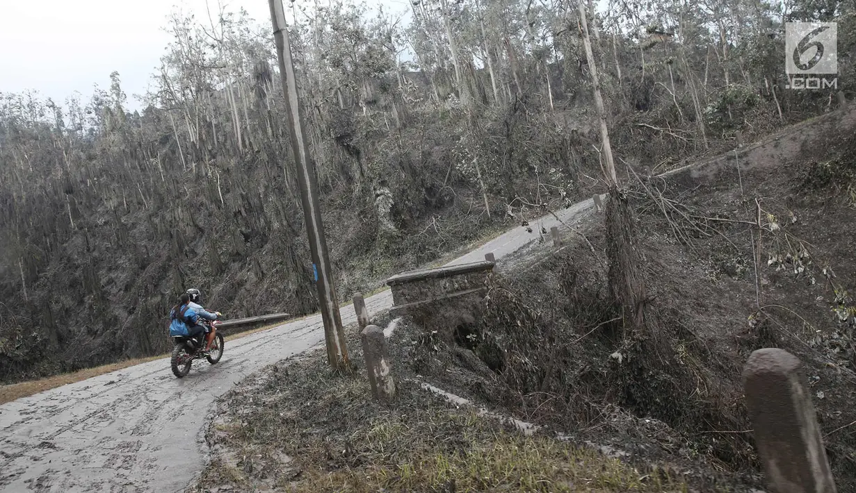 Relawan penyelamat hewan melintas di kawasan radius 3 km dari puncak Gunung Agung di Desa Sebudi, Karangasem, Bali, Senin (4/12). Erupsi Gunung Agung menyebabkan kawasan dalam radius terdampak diselimuti abu vulkanik. (Liputan6.com/Immanuel Antonius)