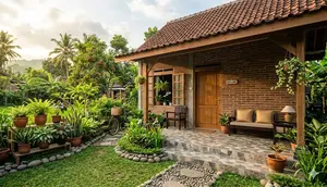 Contoh Rumah Desa dengan Teras Keramik Motif Batu dan Taman Mini (created by AI)