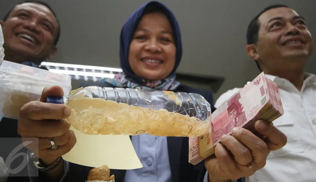 Barang bukti uang dan benih lobster yang berhasil digagalkan oleh petugas, di kantor KKP, Senin (27/2). Polri bersama KKP dan Kemenkumham menggagalkan penyelundupan 65.699 ekor benih lobster ke Singapura dan Vietnam. (Liputan6.com/Immanuel Antonius)