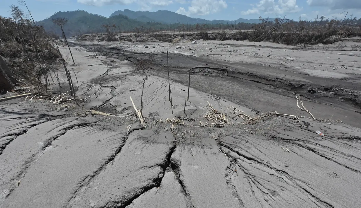 Sungai Kali Lanang terlihat rusak akibat lahar erupsi Gunung Semeru di Desa Curah Kobokan, Lumajang, Selasa (7/12/2021). Terletak sekitar 15 km dari Lereng Semeru, desa itu menjadi paling parah yang terdampak letusan Gunung Semeru dan sebagian besar rumah di lokasi tersebut runtuh. (ADEK BERRY/AFP)