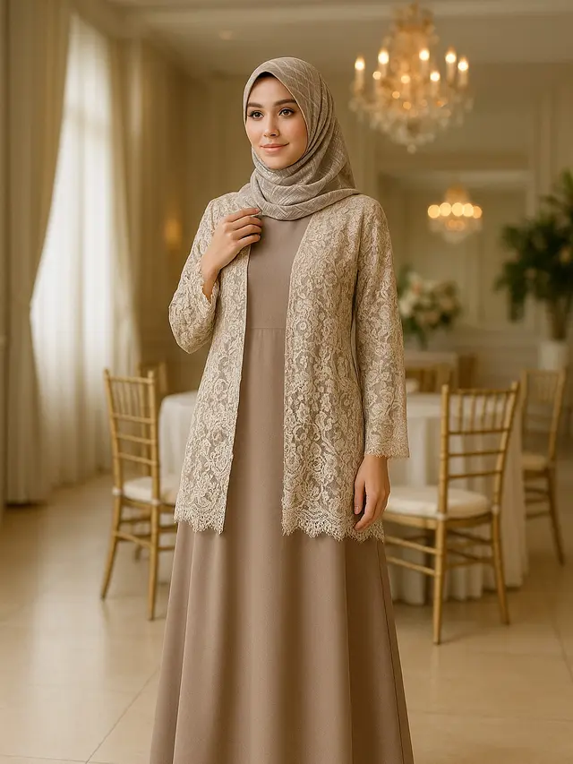 Inspirasi Gamis Polos dengan Hijab Motif