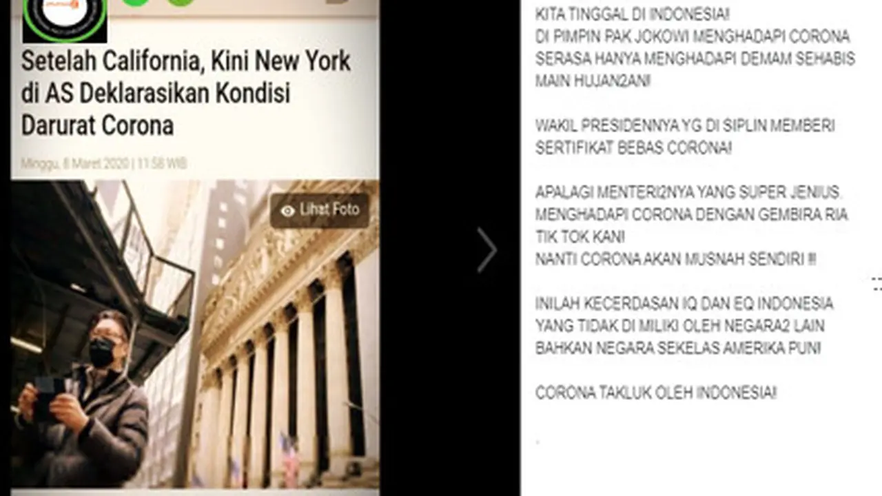 Tangkap layar klaim Presiden Jokowi  hadapi Virus Corona seperti menghadapi demam setelah main hujan