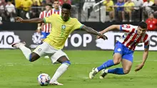 Timnas Brasil meraih kemenangan 4-1 atas Timnas Paraguay pada laga kedua Grup D Copa America 2024 di Allegiant Stadium, Las Vegas, Nevada, Sabtu (29/6/024) pagi WIB. Vinicius Junior tampil moncer dengan menyumbangkan dua gol. (AP Photo/David Becker)