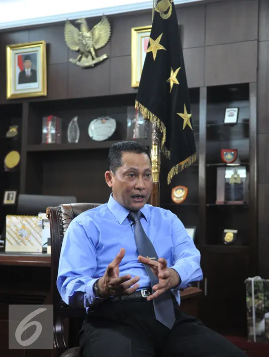 Kepala Bareskrim Polri Komjen Budi Waseso saat melakukan wawancara khusus dengan Liputan6.com, Jakarta, Selasa (28/7/2015). Budi menjelaskan anggaran penanganan kasus korupsi di Bareskrim Polri yang masih minim. (Liputan6.com/Herman Zakharia)