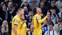 Selebrasi Felix Nmecha dalam laga Liga Champions antara&nbsp;FC Copenhagen vs Borussia Dortmund, Rabu (22/10/2025).&nbsp;(Liselotte Sabroe/Ritzau Scanpix via AP)