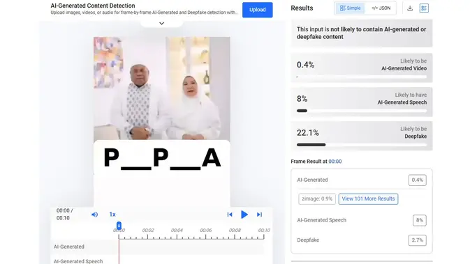 Video Gubernur Papua Mathius D Fakhiri menyampaikan bantuan dengan cara menjawab kuis susun kata menunjukkan hasil AI. (Foto: tangkapan layar Hive Moderation)