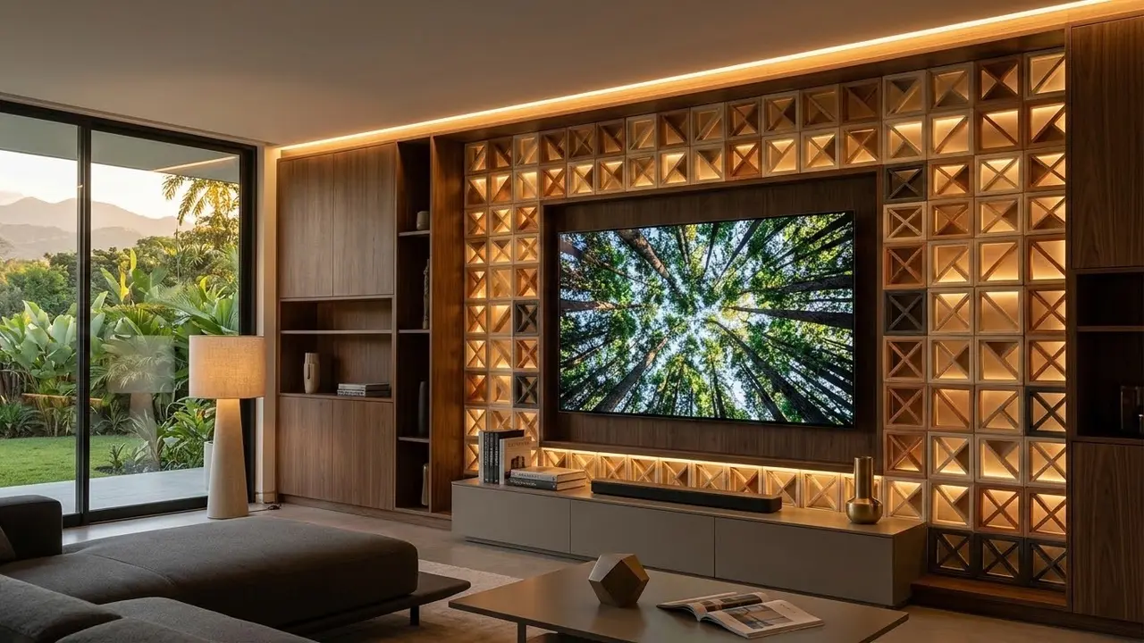 Dinding TV dengan Kombinasi Roster dan Lampu LED