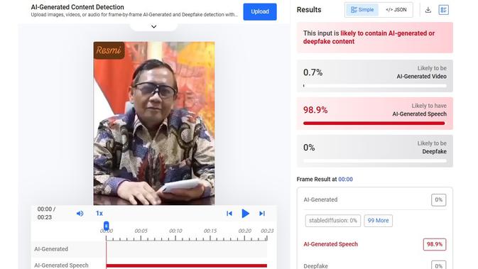 Video klaim Mahfud Md mengumumkan bantuan modal usaha di Hari Raya Idul Adha menunjukkan hasil AI. (Foto: tangkapan layar Hive Moderation)