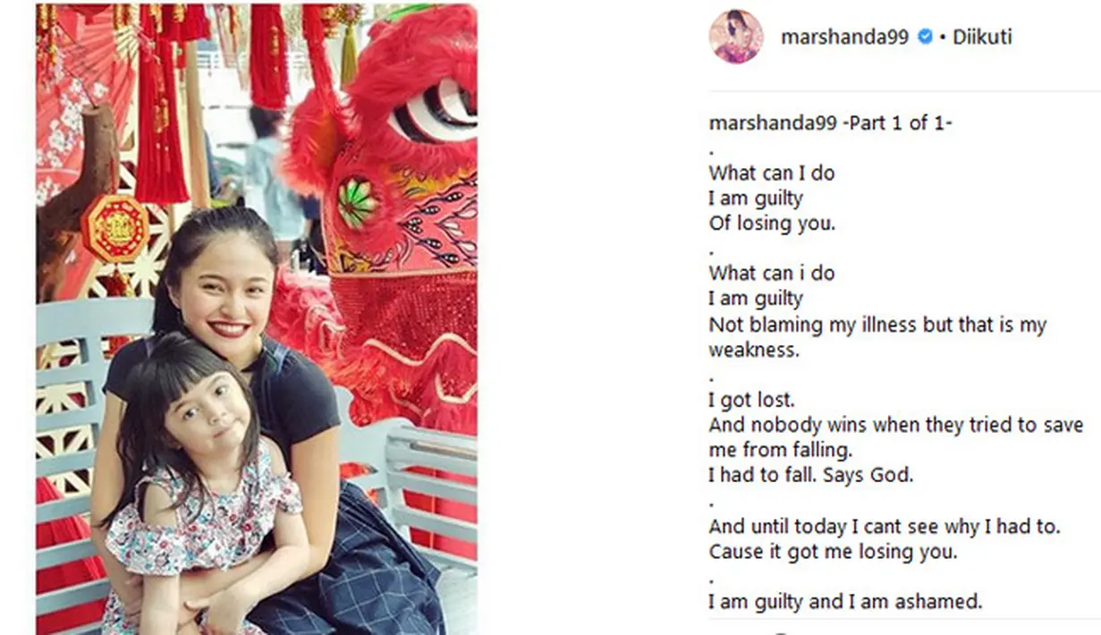 "Apa yang dapat saya, aku berdosa Tidak menyalahkan penyakit saya tetapi itu adalah kelemahan saya. Saya tersesat. Dan tidak ada yang menang ketika mereka mencoba menyelamatkan saya dari jatuh. Saya harus jatuh.Kata Tuhan."tulisnya.(Instagram/marshanda99)