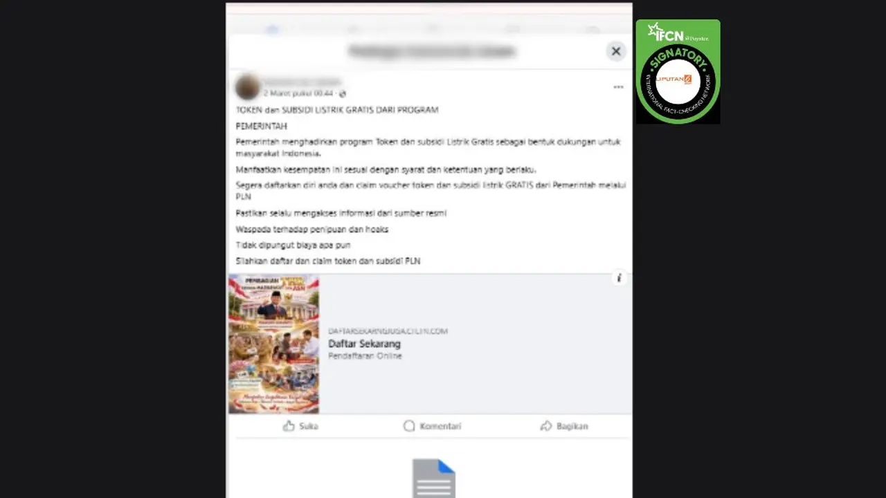 Cek Fakta Liputan6.com mendapati klaim link pendaftaran token dan subsidi listrik gratis dari PLN.