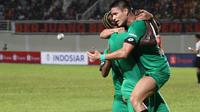 Penyerang anyar Bhayangkara FC, Ramiro Fergonzi, tak mampu menyembunyikan kebahagiaannya usah mencetak gol pertama di Indonesia. (dok. Bhayangkara FC)
