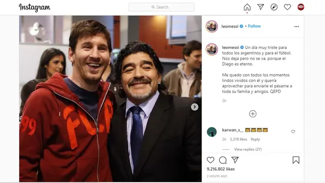 Lionel Messi mengungkapkan perasaan berduka atas kepergian Diego Maradona lewat akun Instagram