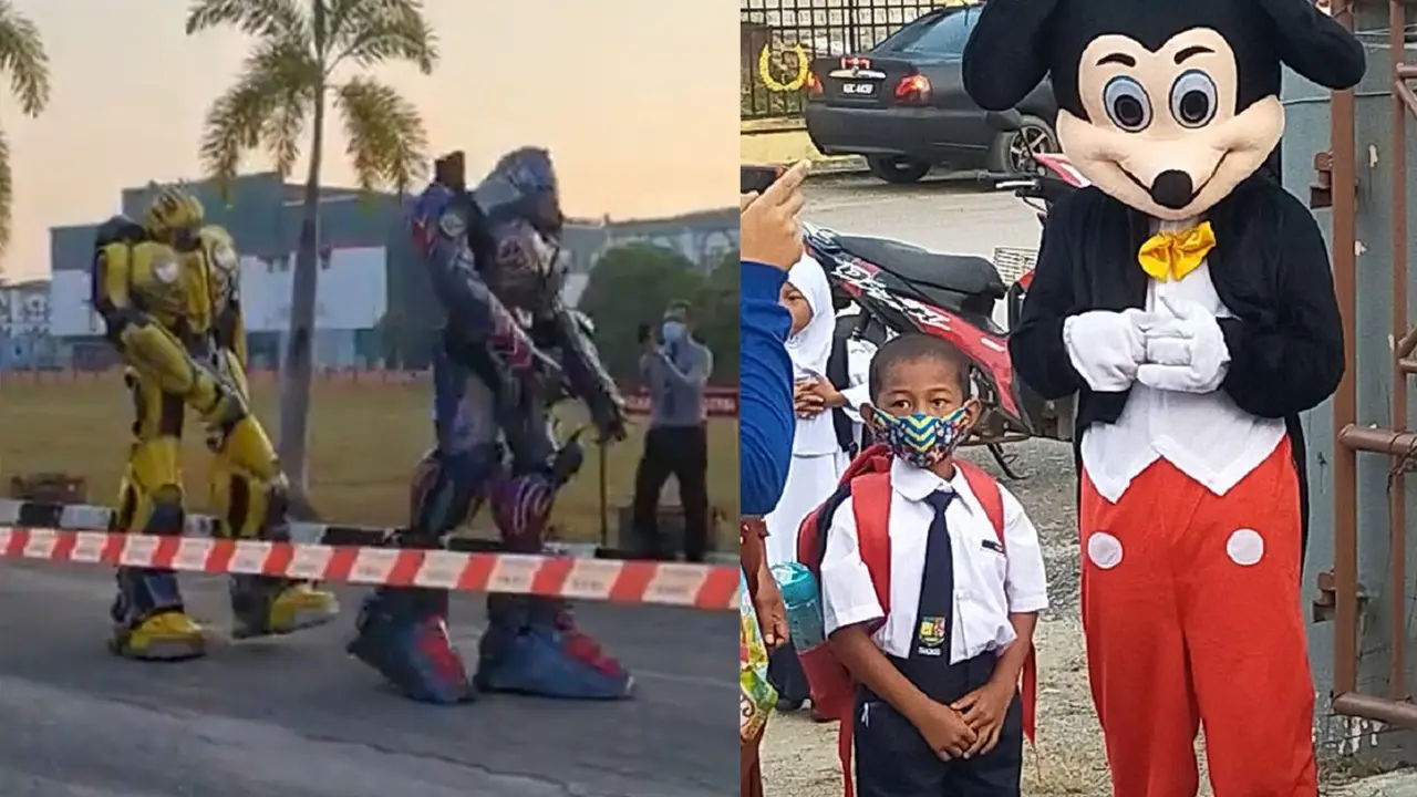Para Guru di Malaysia Sambut Siswa Kembali ke Sekolah Gunakan Robot Transformer Hingga Mickey Mouse